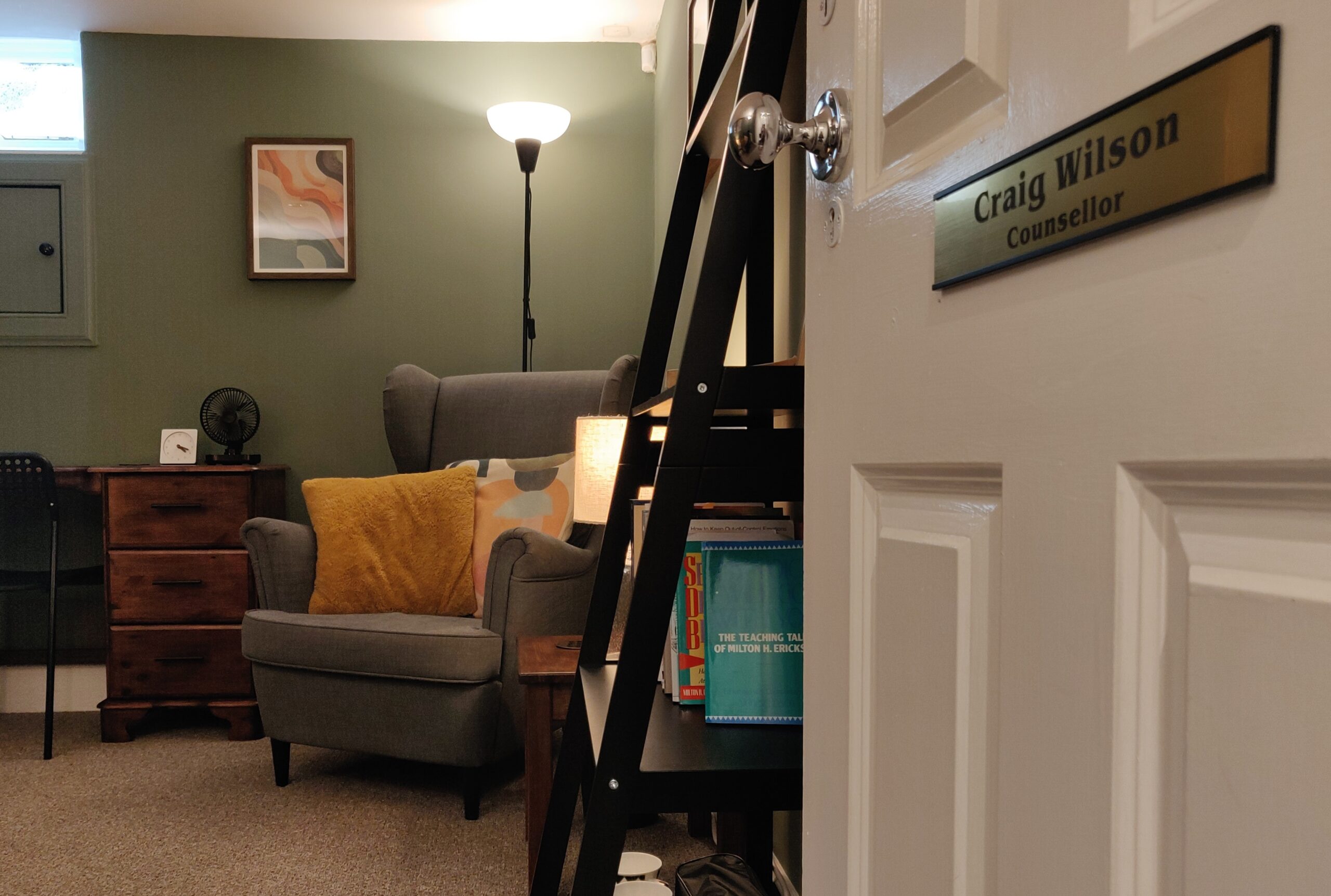Open door showing client chair in Headwinds Counselling room.